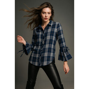 Time and Tru Blue Plaid Flannel Top with Bell Cuffs & Tie – Size Medium